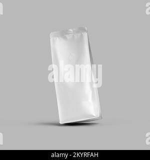 White bag mockup for coffee beans, loose tea, stable pouch gusset stands diagonally, for design, branding. Doy pack template with degassing valve, for Stock Photo