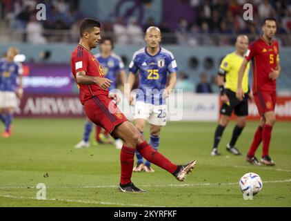 Ar-Rayyan, Qatar - 01/12/2022, Rodri of Spain during the FIFA World Cup 2022, Group E football match between Japan and Spain on December 1, 2022 at Khalifa International Stadium in Ar-Rayyan, Qatar - Photo: Jean Catuffe/DPPI/LiveMedia Stock Photo