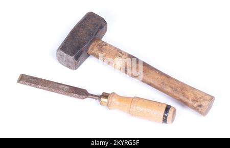 Old rusty chisel and hammer isolated on a white background Stock Photo