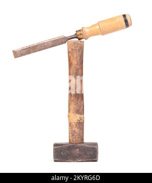 Old rusty chisel and hammer isolated on a white background Stock Photo
