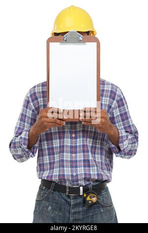 Sign here please. Studio shot of an african american man in construction clothes holding a clipboard in front of his face. Stock Photo