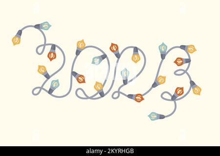drawing lettering 2023 continuous line new year garland flat vector Stock Vector