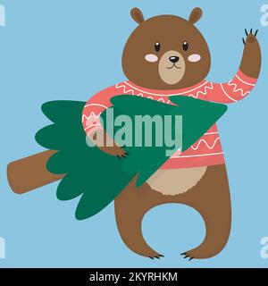christmas character of brown bear wearing in red sweatshirt, waving and holding a christmas tree Stock Vector
