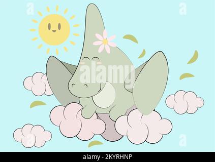 Cute dinosaur pteradactel sits on clouds and basks in the sun Stock Vector