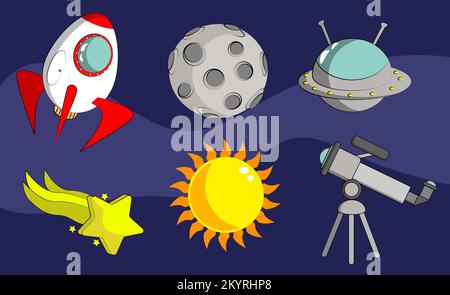 Cartoon space with different elements moon rocket sun Stock Vector