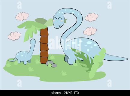 Dinosaurs with a long neck eat a palm tree while on the island Stock Vector