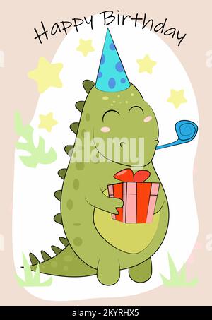 Cute cartoon dinosaur celebrates his birthday in illustration Stock Vector