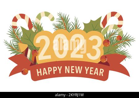 hand drawn flat drawing banner with inscription 2023 new year composition spruce lollipops happy new year Stock Vector