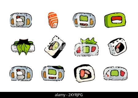 Vector Sushi set. Rolls, temaki and inari, ikura. Great set of various different types of sushi isolated on white background. Stock Vector