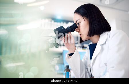 Science, microscope and woman in laboratory for research, medical innovation and test. Female scientist, biotechnology and expert staff working on dna Stock Photo