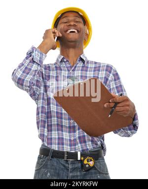 Construction worker. Studio shot of an african american man in construction clothing talking on a cellphone. Stock Photo