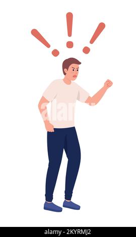 Young man threatening with fist semi flat color vector character Stock Vector