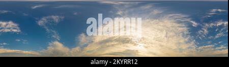 Dark blue sunset sky panorama with golden Cumulus clouds. Seamless hdr 360 panorama in spherical equirectangular format. Full zenith for 3D Stock Photo
