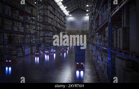Automatic warehouse concept with 3d rendering robot arm with forklift ...