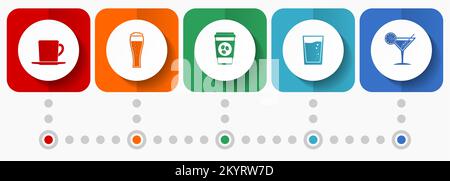 Drinks vector icons, restaurant flat design web buttons collection, business concept infographic template Stock Vector