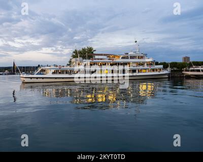 Morning atmosphere, passenger ship in the harbour, Constance, Lake Constance, Baden-Württemberg, Germany, Europe Stock Photo