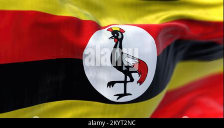 Close-up view of the Uganda national flag waving in the wind. The Republic of Uganda is a country in East Africa. Fabric textured background. Selectiv Stock Photo