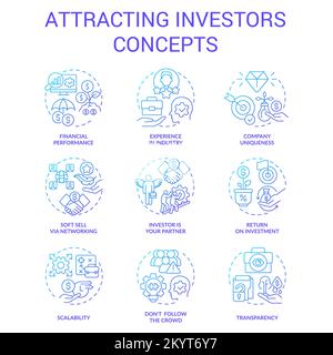 Attracting investors blue gradient concept icons set Stock Vector