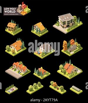 Vector isometric world map creation set. Combinable map elements. Countryside or village map. Buildings, trees, gazebo Stock Vector