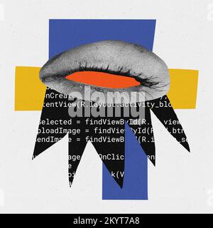 Contemporary art collage. Creative design. Female eyes design with website code image. Information. Data Stock Photo