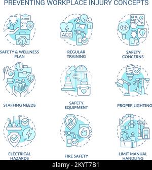 Avoiding workplace injury turquoise concept icons set Stock Vector