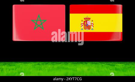 National Flags of Morocco and Spain as glossy cards floating over a green field. Stock Photo