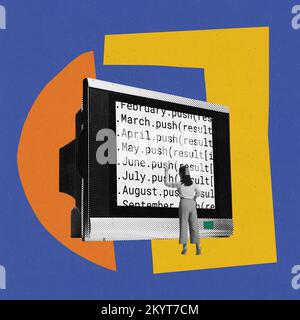 Contemporary art collage. Creative design. Young woman standing near giant computer screen and checking code Stock Photo