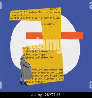 Contemporary art collage. Creative design. Young woman standing near giant code. IT programmer, website developer Stock Photo