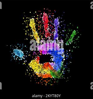 Abstract Colorful Handprint of Dots. Rainbow Colors Dots Shape of a Hand and Fingers on Black Background Stock Vector