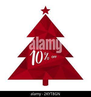 10% OFF. Ten percent discount on background of the Red Christmas Tree made of triangles with 3D effect. Winter sale, Christmas sale, New Year sale. Stock Vector