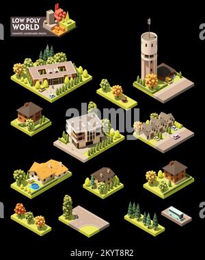 Vector isometric world map creation set. Combinable map elements. Countryside or village map. Buildings, trees, water tower and office Stock Vector