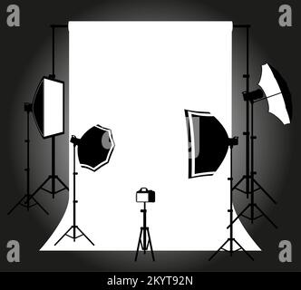 backdrop in photo studio with flashes and softboxes on tripods indoors ...