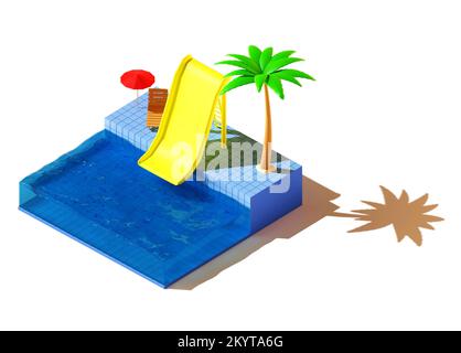 swimming pool with slide and palm 3d render illustration isolated on ...