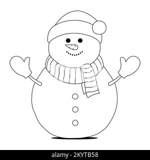 Cute happy snowman coloring book page outline vector illustration. Stock Vector