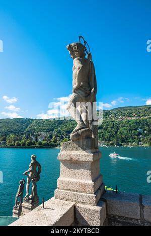 Italian Lakes, view in summer from the ornate Teatro Massimo in the Borromeo Gardens on Isola Bella looking across scenic Lake Maggiore Piedmont Italy Stock Photo