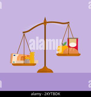 Weight scale with lots of money on one plate and few goods in the other plate: inflation, increase in the prices of goods and expensive grocery concep Stock Vector