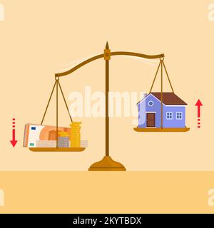 Weight scale with lots of money on one plate and a house in the other plate: the effects of inflation on real estate investments Stock Vector
