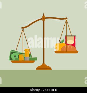 Weight scale with lots of money on one plate and few goods in the other plate: inflation, increase in the prices of goods and expensive grocery concep Stock Vector