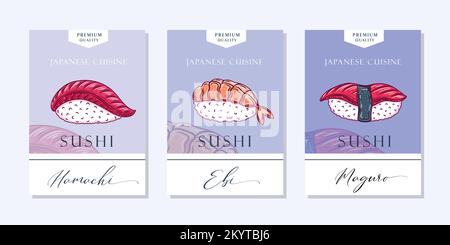 Asian Food Abstract Logo Template. Hand Drawn Sushi Sashimi Roll and Modern Typography. Japanese Cuisine Vector Emblem Concept. Isolated Stock Vector