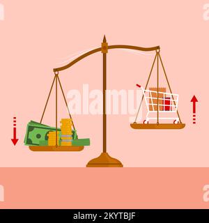 Weight scale with lots of money on one plate and shopping cart with grocery in the other plate: inflation, increase in the prices of goods and expensi Stock Vector