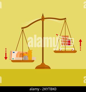 Weight scale with lots of money on one plate and shopping cart with grocery in the other plate: inflation, increase in the prices of goods and expensi Stock Vector