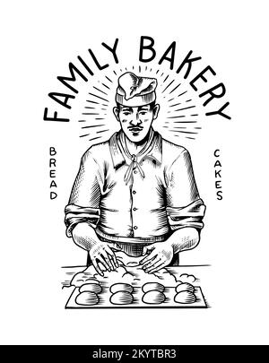 Baker makes dough for bread. Engraved hand drawn in old sketch and vintage style for label, logo and menu, bakery shop. Stock Vector
