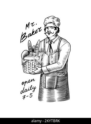 Baker with a basket of bread. Engraved hand drawn in old sketch and vintage style for label, logo and menu, bakery shop. Stock Vector