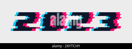 2023 glitch text. Happy New Year 2023 trendy colorful style. Graphic template for calendar, poster, card. Cyberpunk design CMYK like colors. Vector Stock Vector