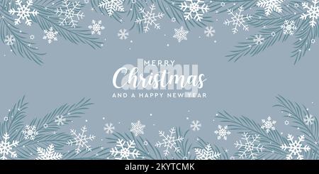 christmas winter background landscape fir branches border with snowfall Stock Vector