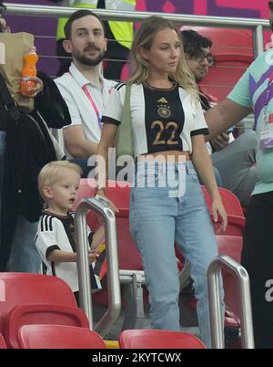 Al Bayt Stadium, Doha, QAT, December 1st, 2022, December 1st, 2022, Al Bayt Stadium, Doha, QAT, World Cup FIFA 2022, Group E, Costa Rica vs Germany, in the picture Daniela, wife of Germany's goalkeeper Marc-Andre Ter Stegen with son. Stock Photo