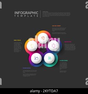 Vector dark multipurpose Infographic template with title and five sphere elements options around. Multipurpose Infochart with modern colors. Infograph Stock Vector
