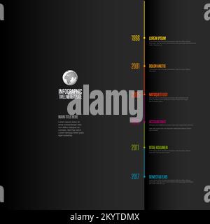 Vector dark vertical progress timeline template with six years milestones with descriptions. dark colorful timeline with color headlines on folded pap Stock Vector