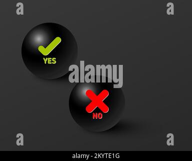 Set of fresh minimalist icons for various status - yes, no, accept, cancel in black ball spheres on dark gray gradient background - green and red colo Stock Vector