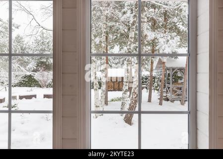 Home vinyl insulated windows with winter view of snowy trees and plants Stock Photo